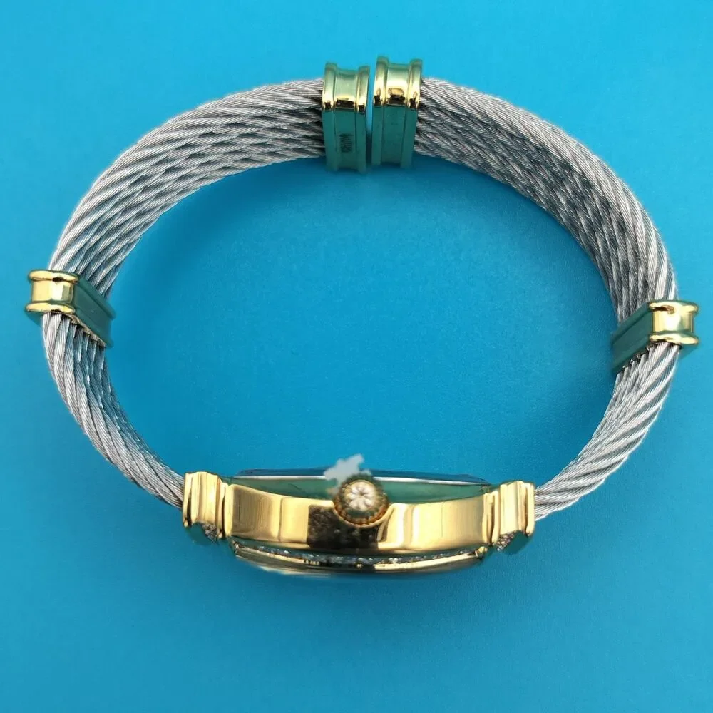 DMQ Women's Gold Tone Cubic Zirconia Mother of Pearl Dial Cable Bangle Watch